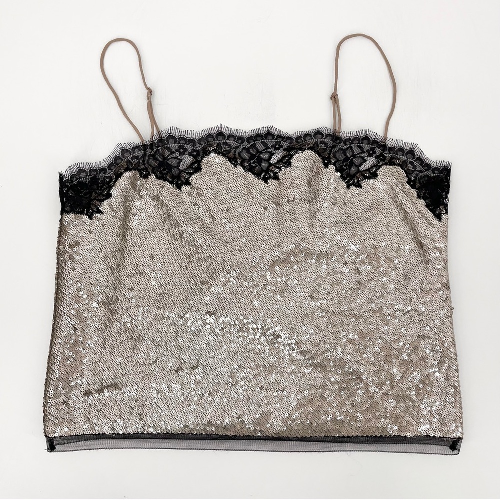 J. Crew Champagne Sequin Camisole with Black Lace Trim - Picture 4 of 12